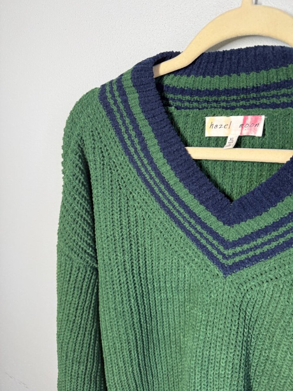 Hazel Moon Womens XL Green/Blue Cropped V Neck Sweater Preppy Academia Varsity - Picture 3 of 10